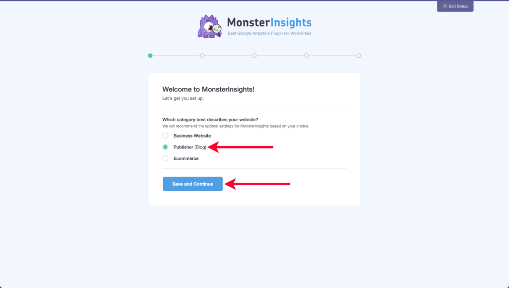 Pointing out Website Category Radial in First Step of MonsterInsights Wizard
