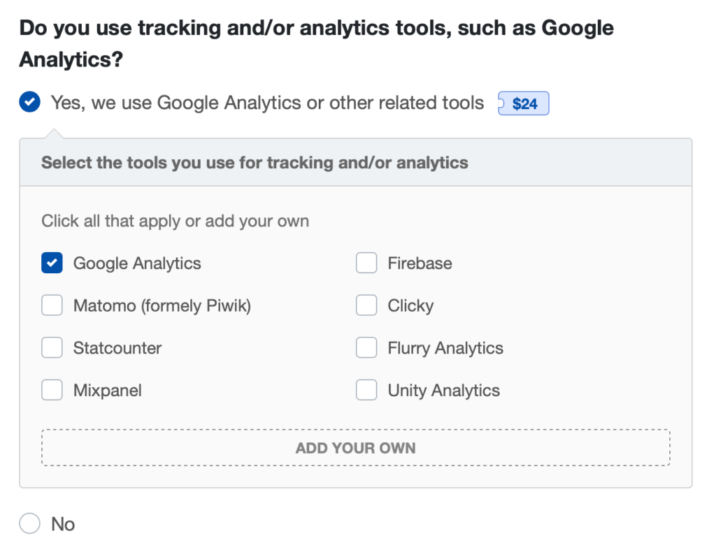 Showing Google Analytics BoxChecked in TermsFeed Generator