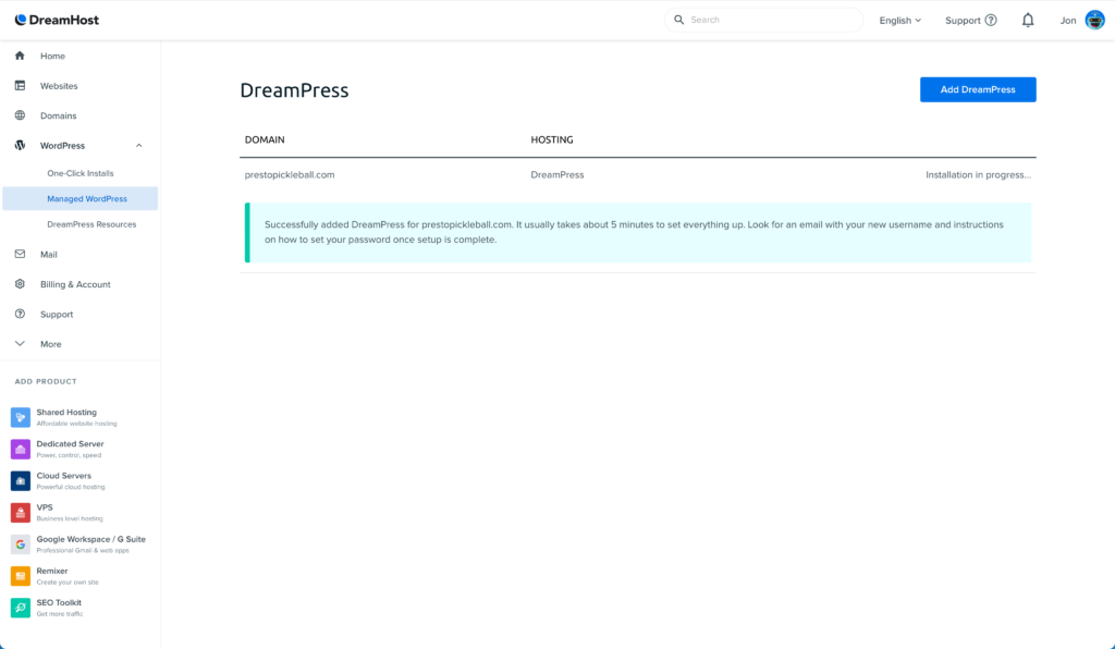 Dreamhost Account Dashboard
