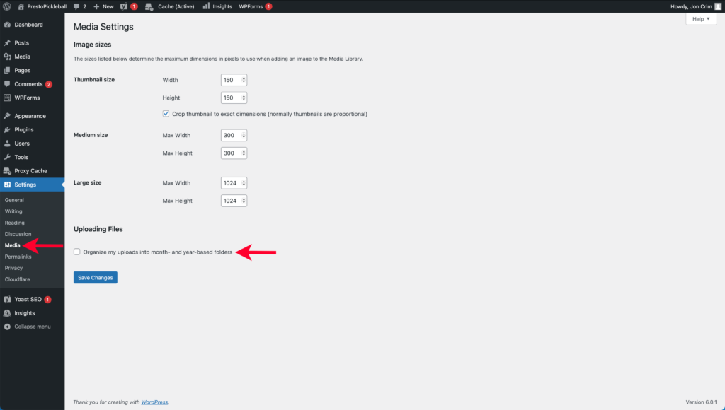 Pointing Out Media Settings Page in WordPress Account and Box to Uncheck