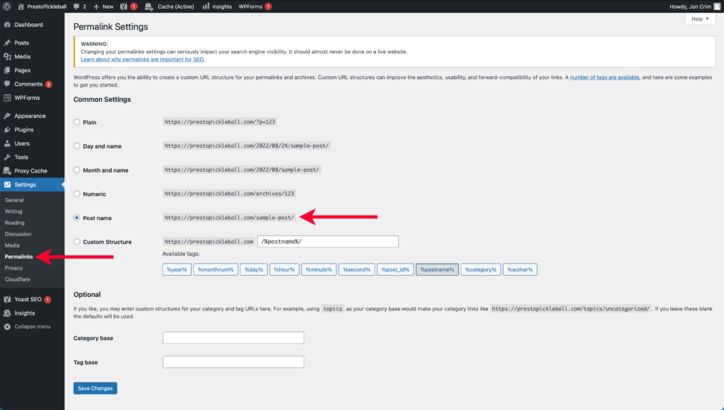 Pointing Out Permalinks Settings Page in WordPress Account and Post Name Permalink Structure