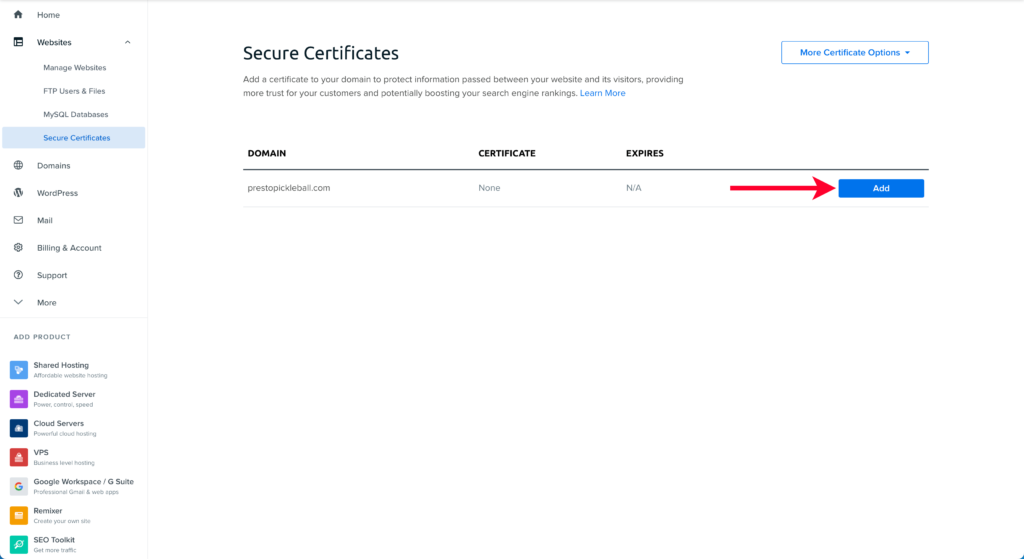 Adding an SSL Certificate from the DreamHost Account