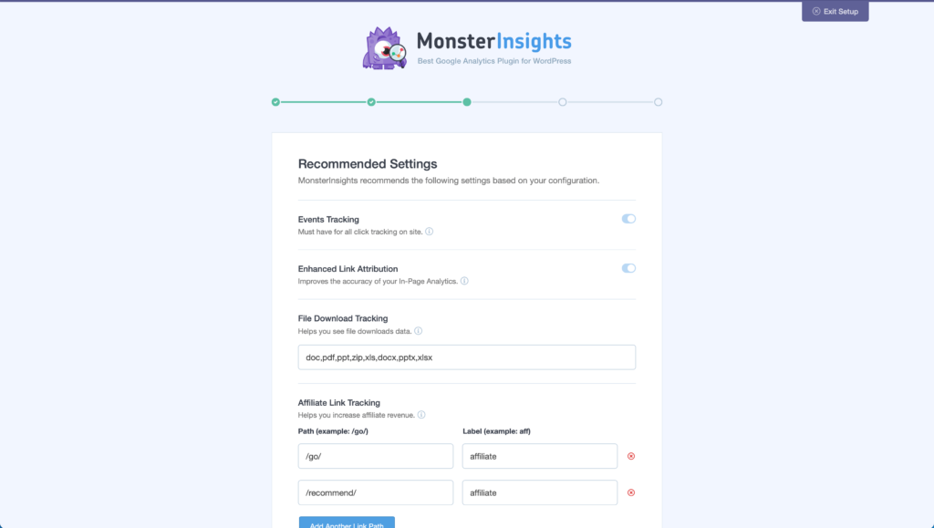 Showing Recommended Settings for Step Three in MonsterInsights Wizard