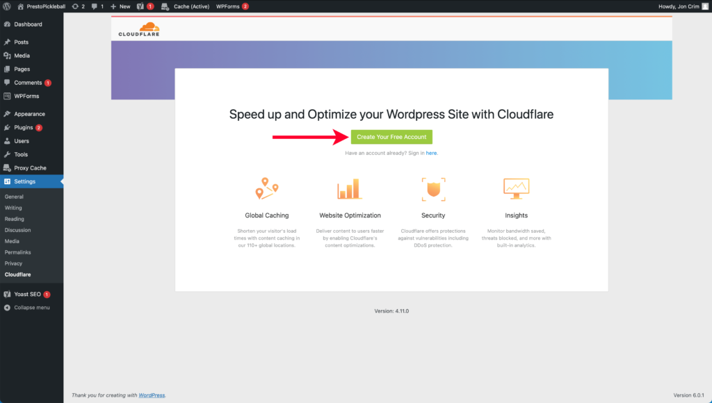 Pointing Out Create Your Free Account Button from Cloudflare Settings Page