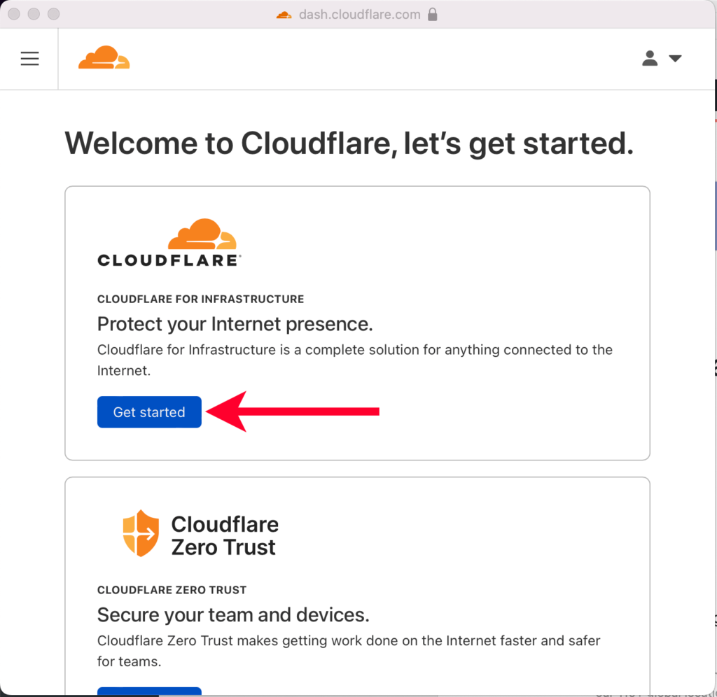 Pointing Out Get Started Button for Protecting a Website with Cloudflare