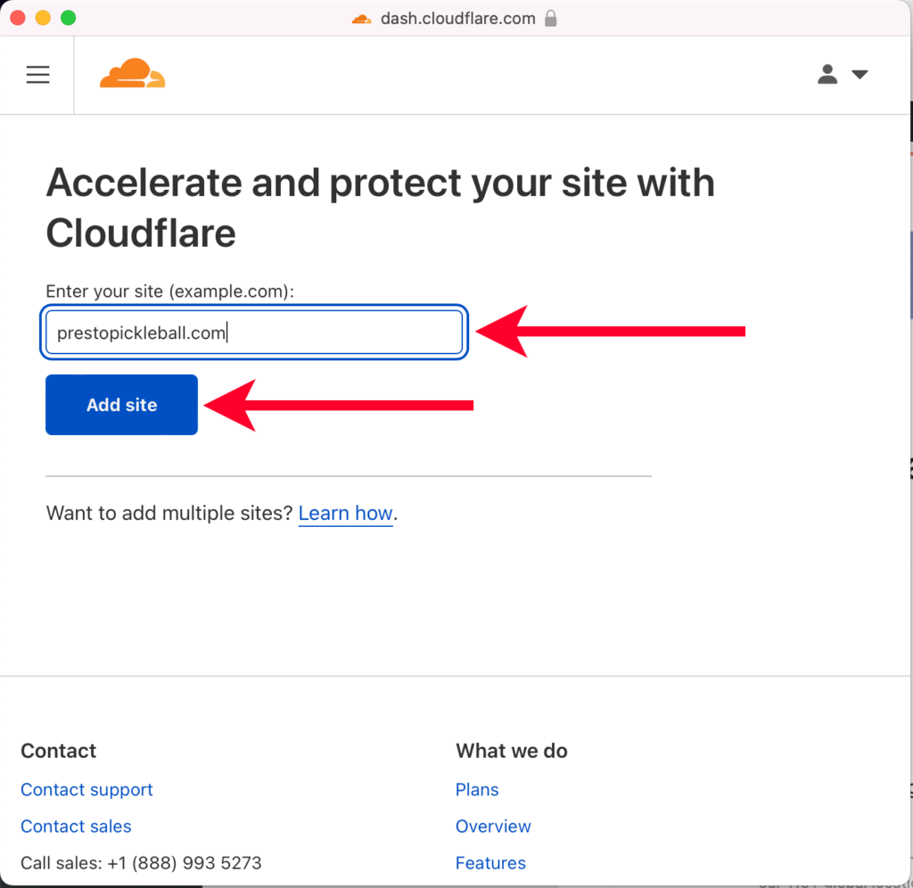 Pointing Out Where to Enter Site URL and Add Site Button for Setting Up Cloudflare