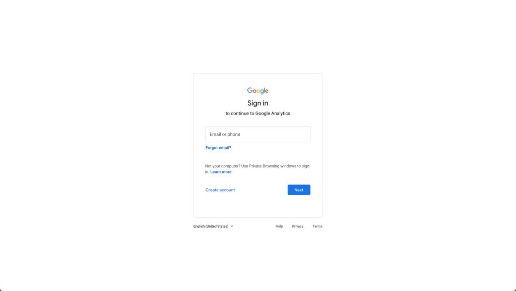 Account Sign In or Create Account Page for Google Analytics