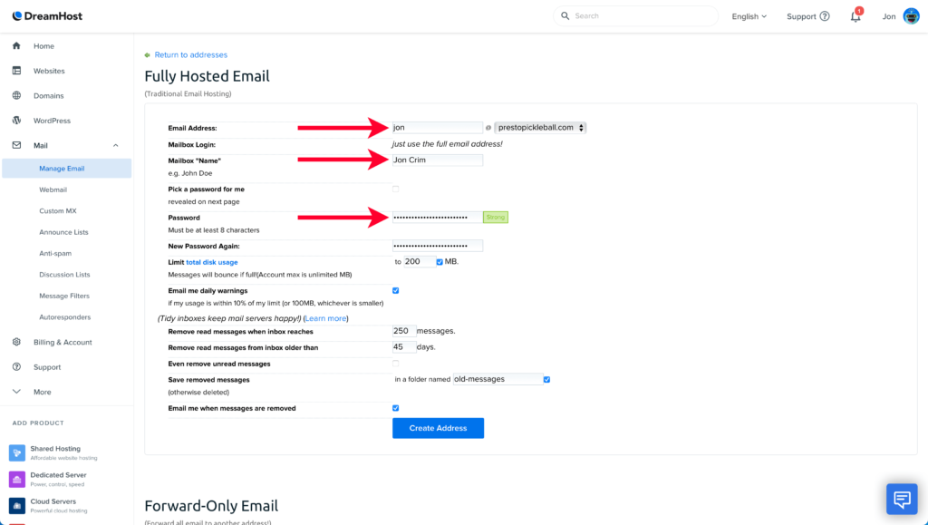 Setting Details for a Custom Email Address with DreamHost