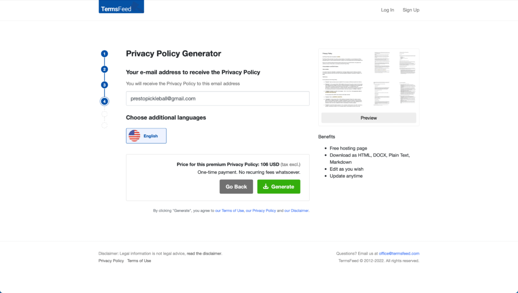 Showing Email Entered for Receiving TermsFeed Privacy Policy