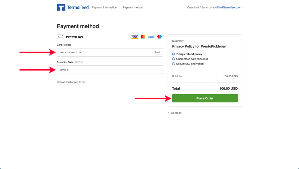 Pointing Out Payment Method Fields and Place Order Button for TermsFeed Checkout