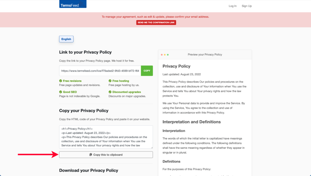 Pointing Out Copy this to Clipboard Button for TermsFeed Privacy Policy