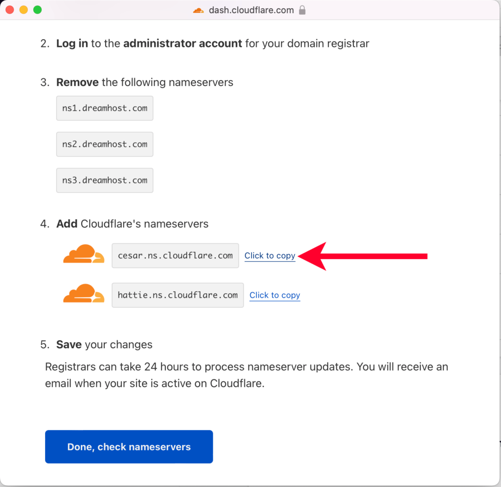 Pointing Out Link to Copy First Cloudflare Nameserver