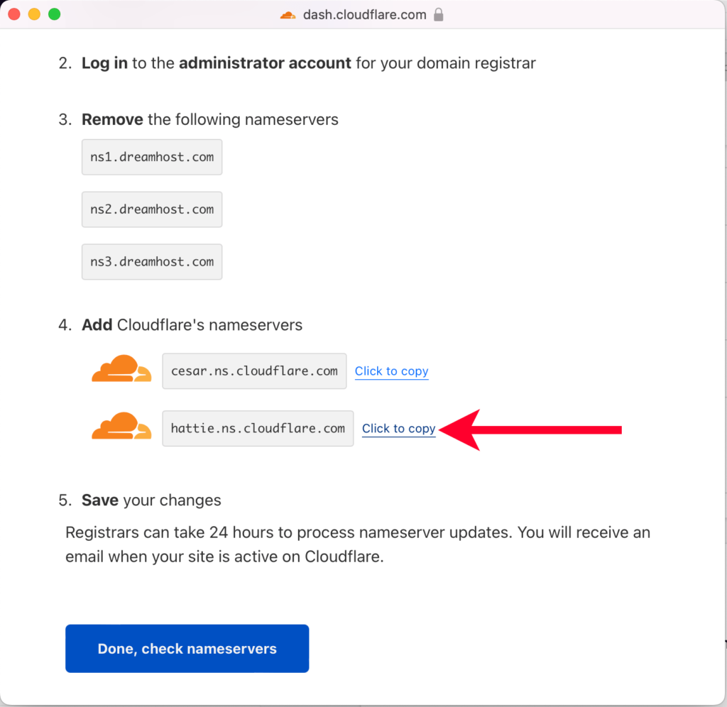 Pointing Out Link to Copy Second Cloudflare Nameserver