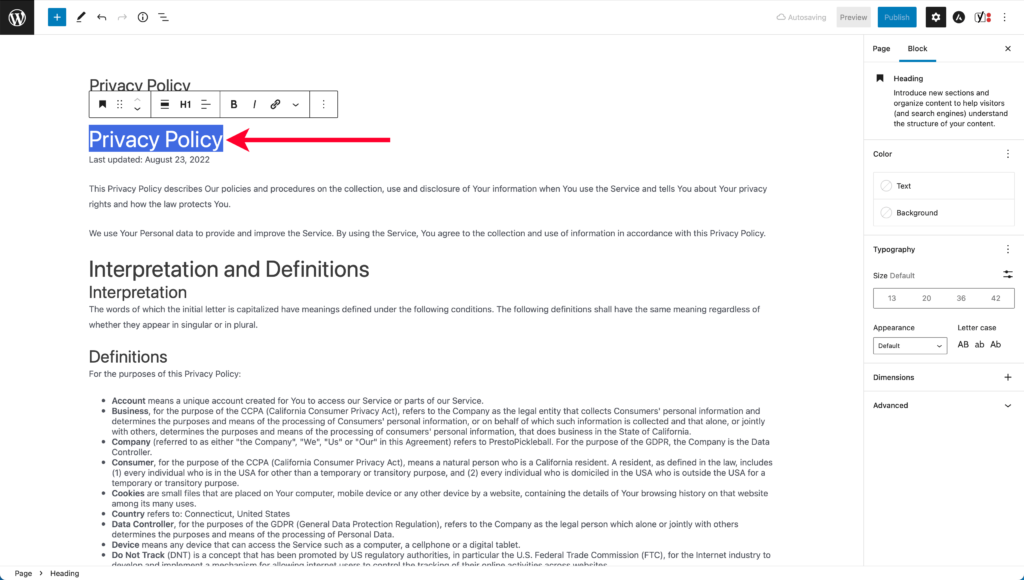 Pointing Out Highlighted Text to Delete for Pasted TermsFeed Privacy Policy in WordPress Editor