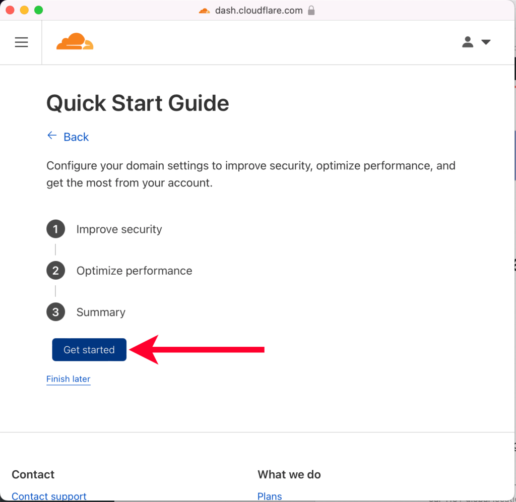 Pointing Out Cloudflare Get Started Button for Quick Start Guide