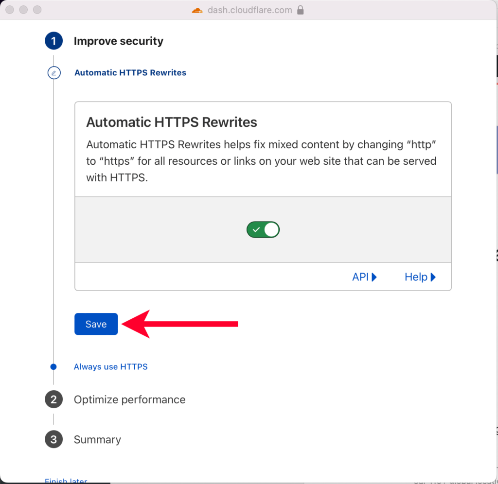 Pointing Out Save Button in First Step of Cloudflare Quick Start Guide