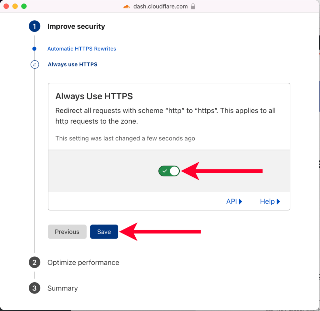 Pointing Out Activate Switch for Using HTTPS and Save Button in Cloudflare Quick Start Guide