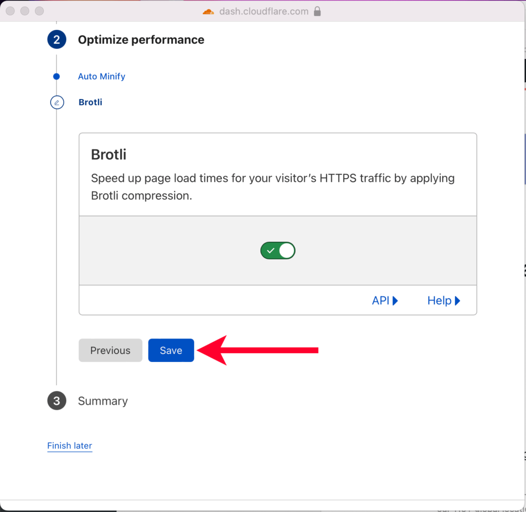 Pointing Out Save Button for Brotli in Cloudflare Quick Start Guide