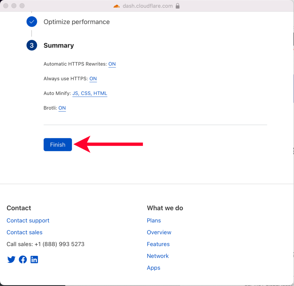Pointing Out Finish Button for Cloudflare Quick Start Guide
