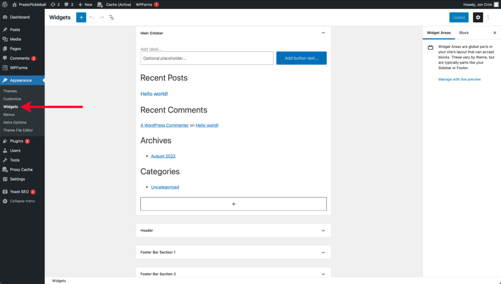 Pointing Out the Widgets Page in WordPress Account