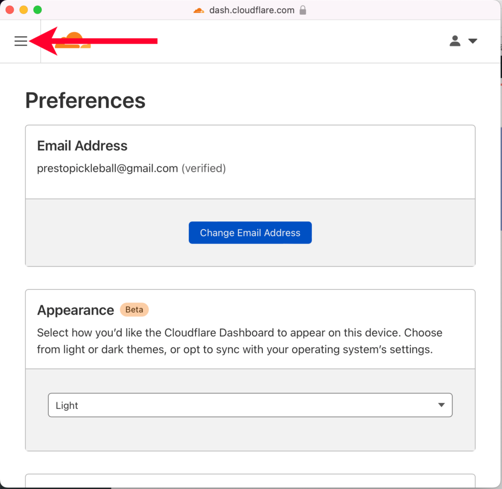 Pointing Out Cloudflare Menu to Access Cloudflare API Keys