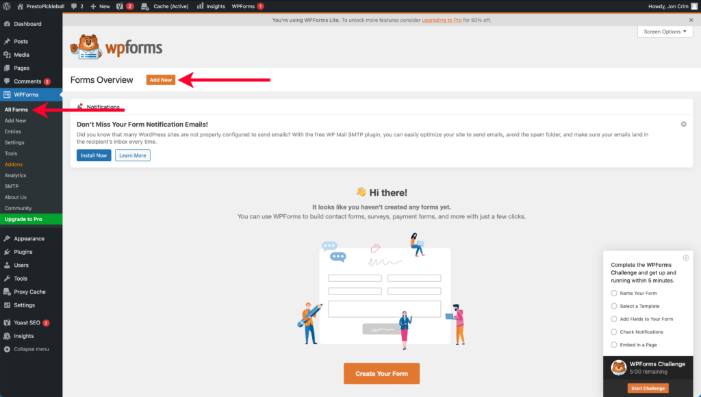Pointing Out WPForms Page in WordPress Account and Add New Button