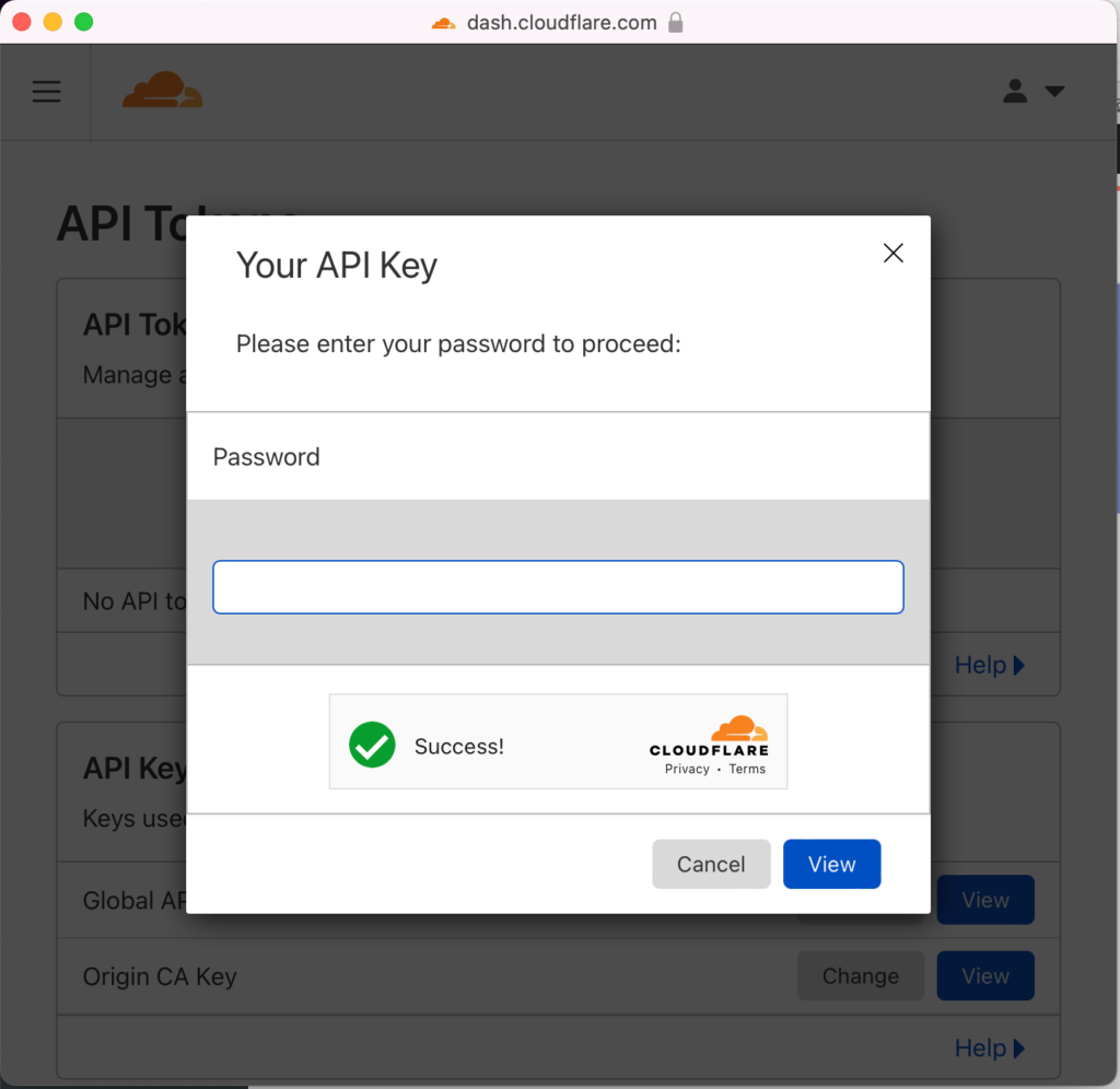 Password Step for Getting Cloudflare API Key