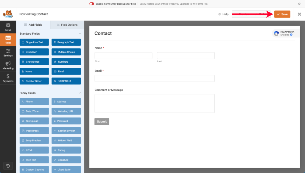 Pointing Out Save Button for WPForms Contact Form