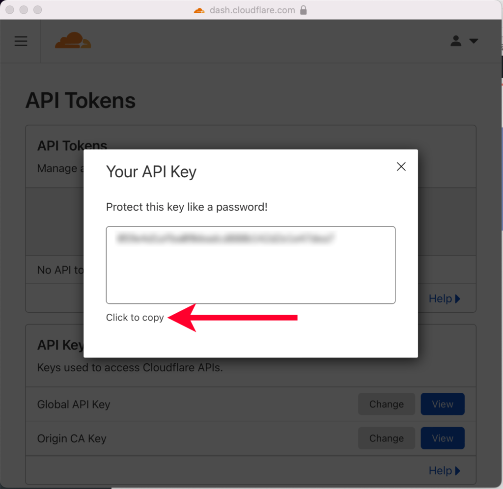 Pointing Out Click to Copy Link for Cloudflare API Key