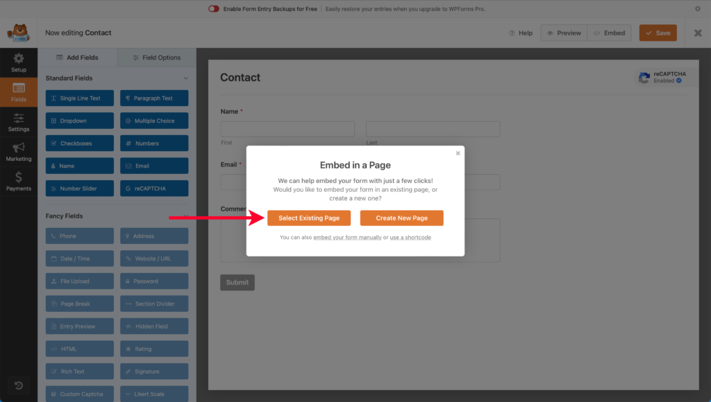 Pointing Out Select Existing Page Button for Embedding Contact Form