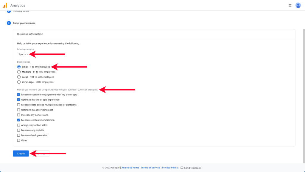 Pointing to Business Information Settings for Activating Google Analytics