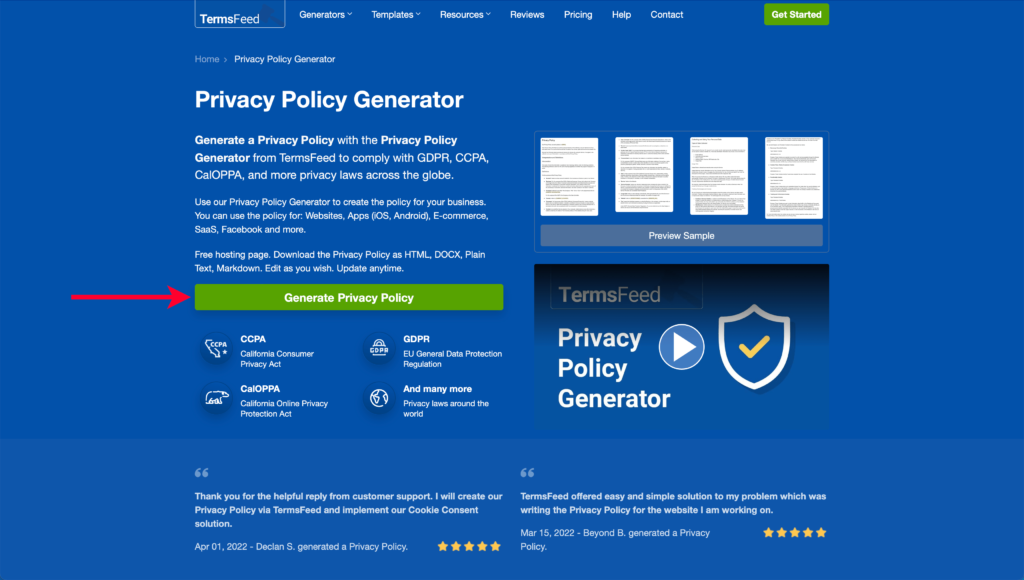 Pointing Out TermsFeed Generate Privacy Policy Button