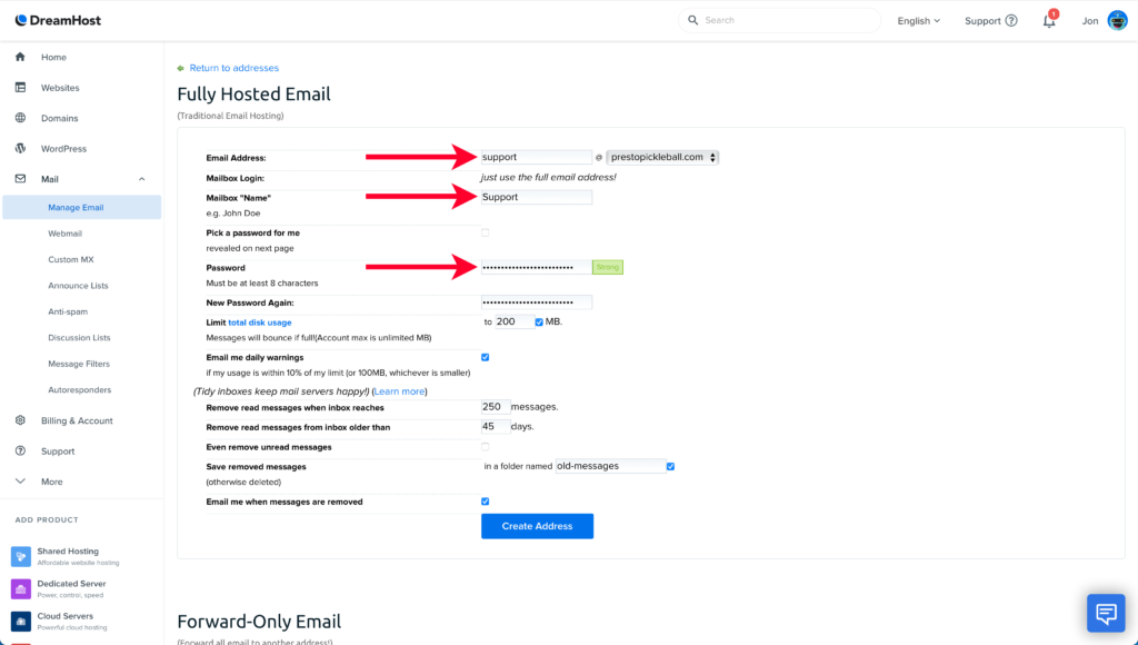 Specifying Details for Setting Up a Second Custom Email Address