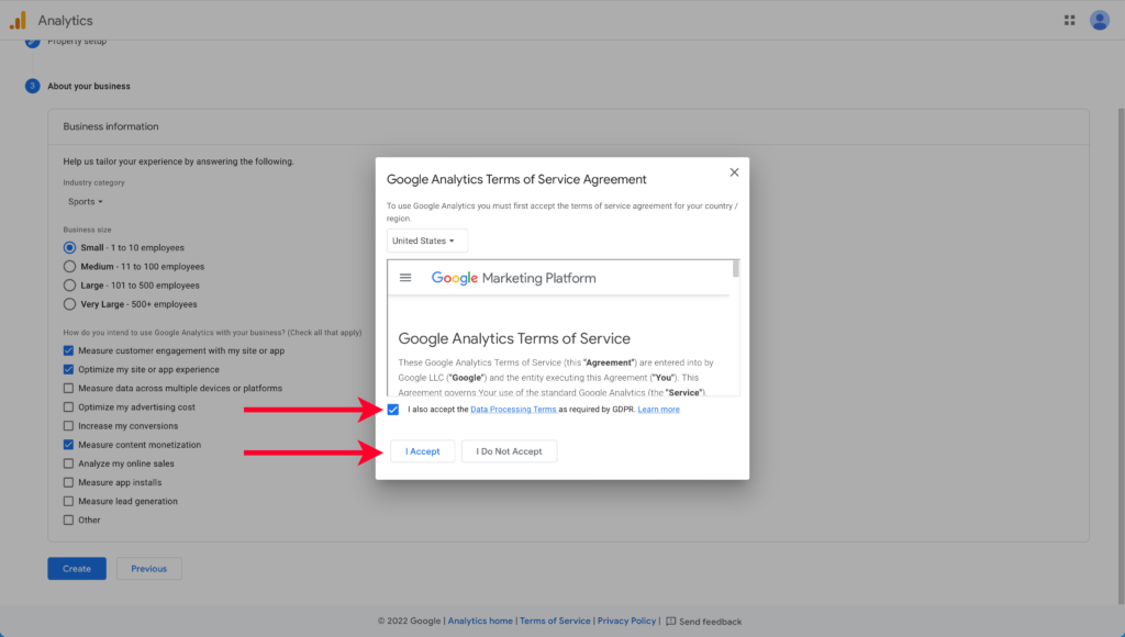 Pointing Out Terms Check Box and Accept Button for Activating Google Analytics
