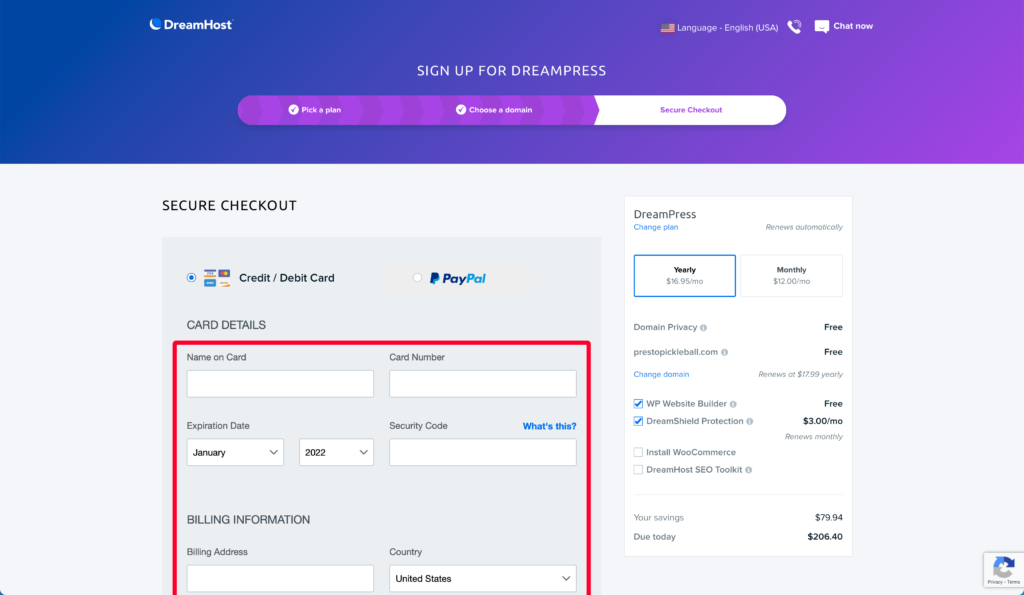 DreamHost Checkout Adding Credit Card Details