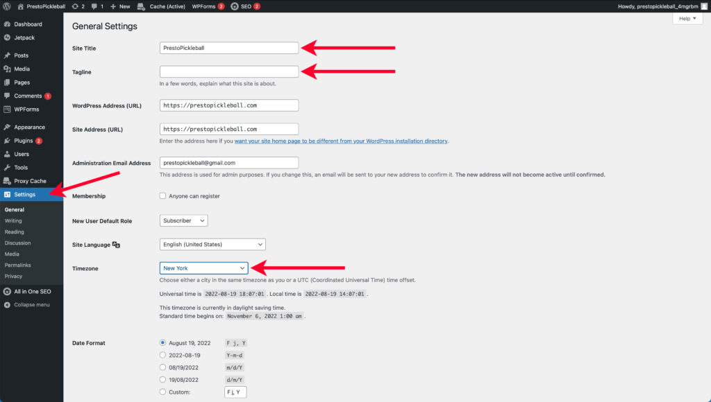 Pointing Out Settings Page in WordPress Account and General Settings to Update