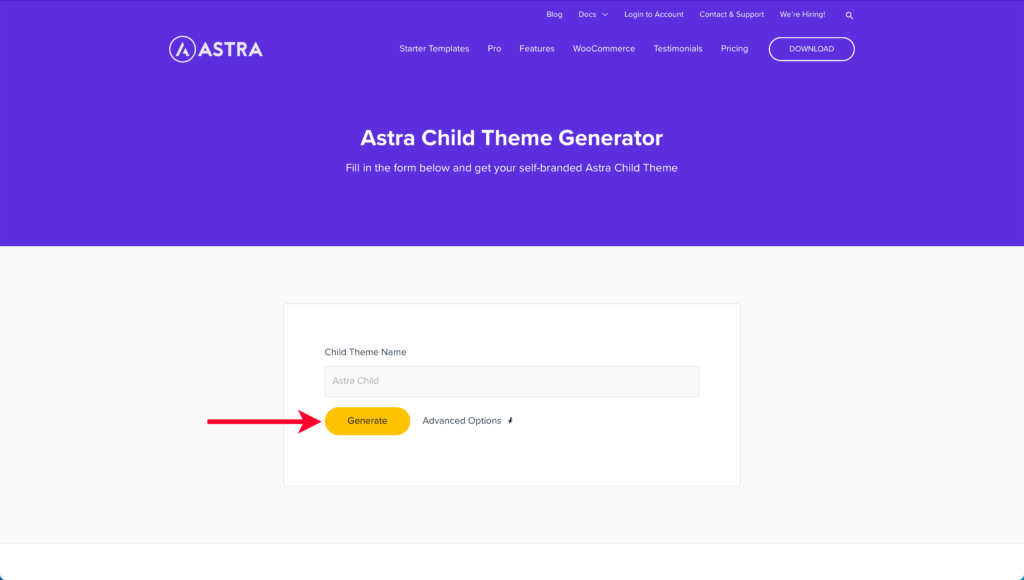 Pointing Out Button to Generate an Astra Child Theme
