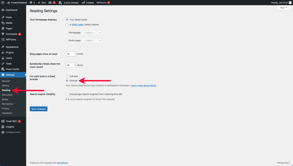 Pointing Out Reading Settings Page in WordPress Account and Radial to Change