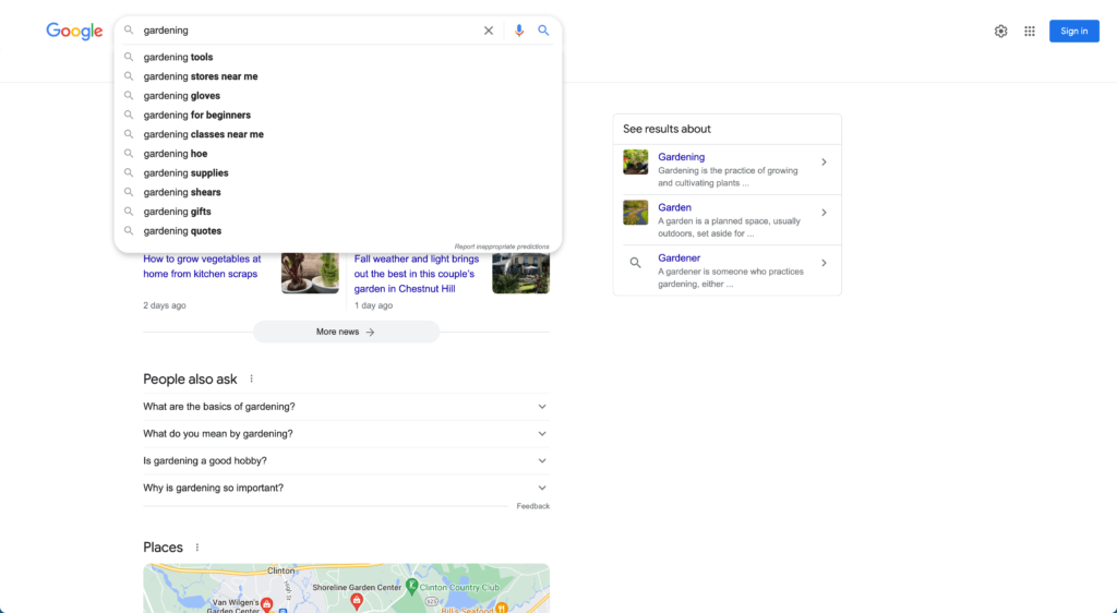 Google Autocomplete One Word Example for Gardening