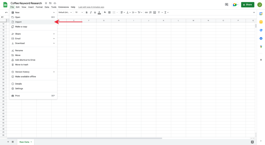 Importing Keywords into Google Spreadsheet