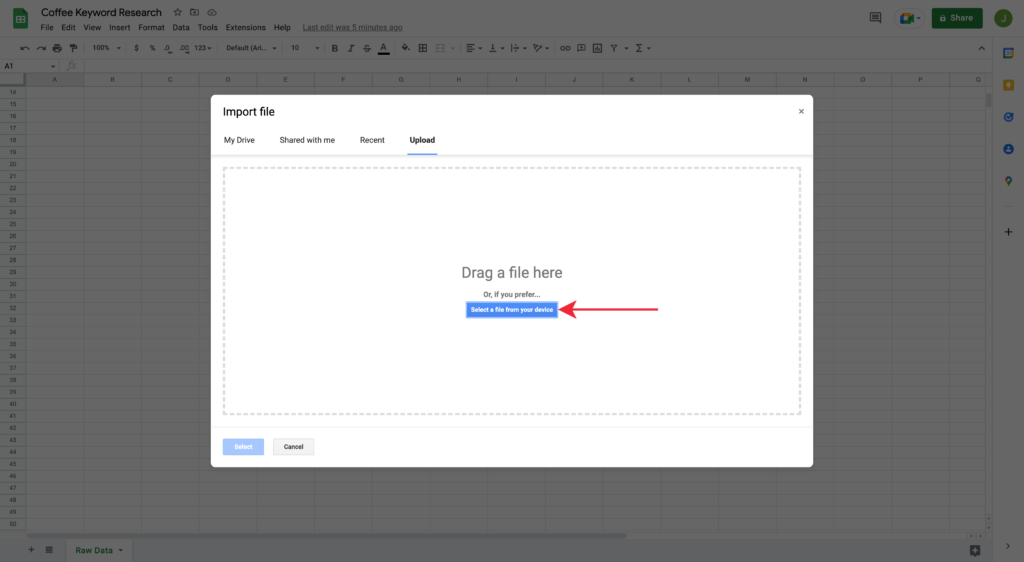 Selecting a File to Import Keywords in Google Spreadsheet