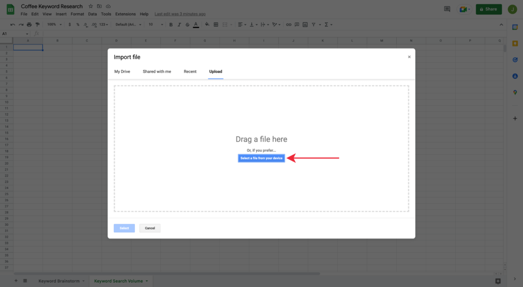 Selecting Keyword File to Import for Google Spreadsheet