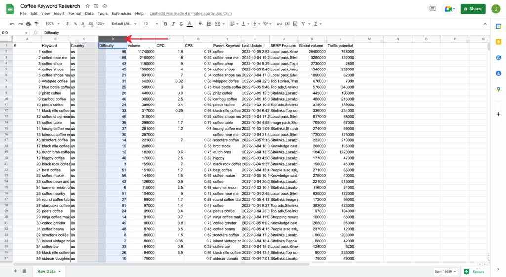 Dragging Keyword Difficulty Column in Google Spreadsheet