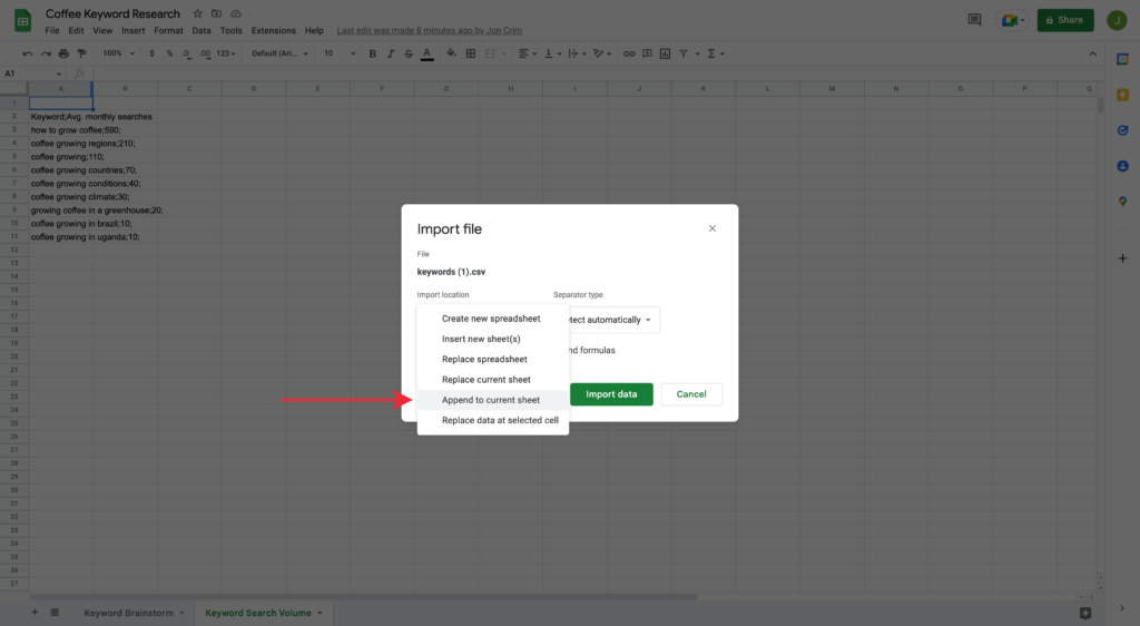 Appending to Current Sheet for Google Spreadsheet