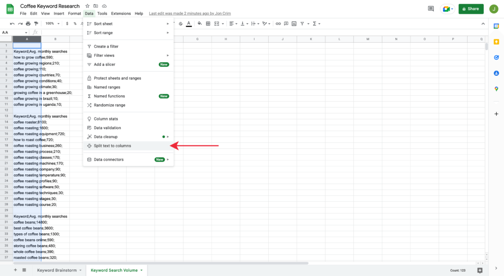 Splitting Text to Columns for Keywords in Google Spreadsheet