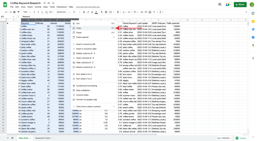 Copying Essential Columns in Google Spreadsheet