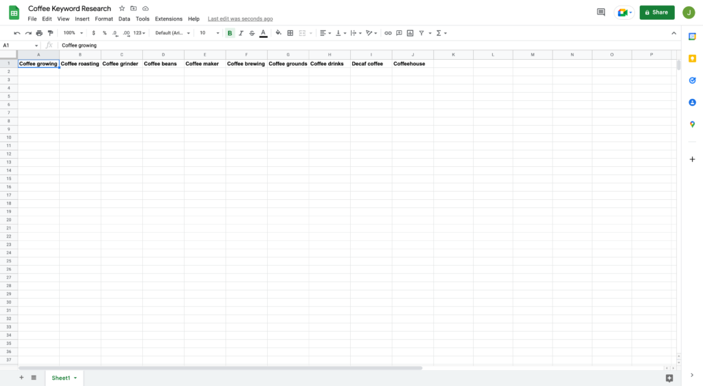 Keyword Topics Entered Into Google Spreadsheet Columns