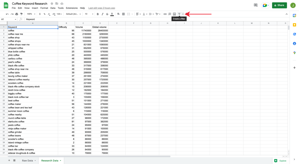 Setting a Filter for Keyword Data in Google Spreadsheet