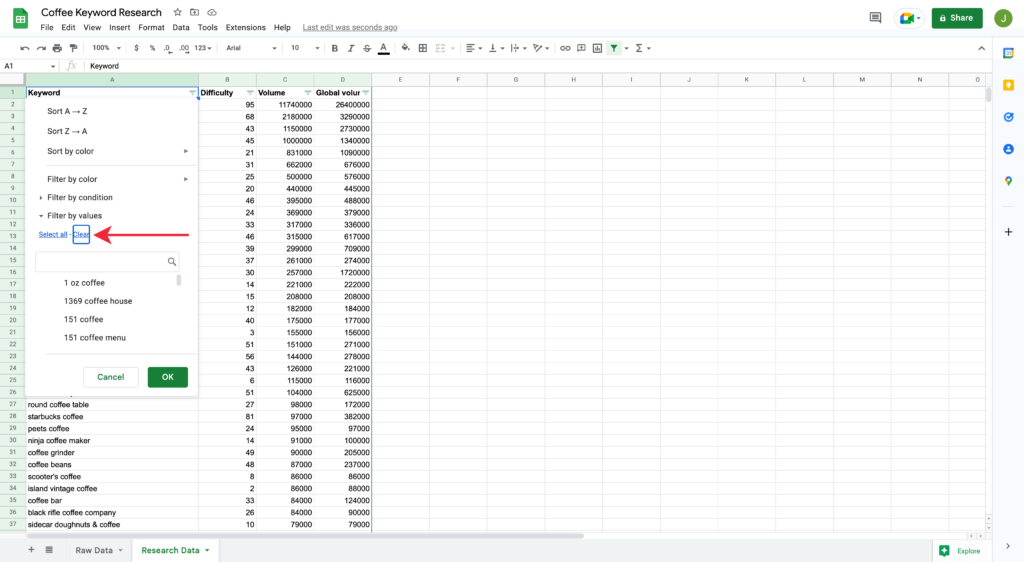 Clearing Filter for Keyword Data in Google Spreadsheet