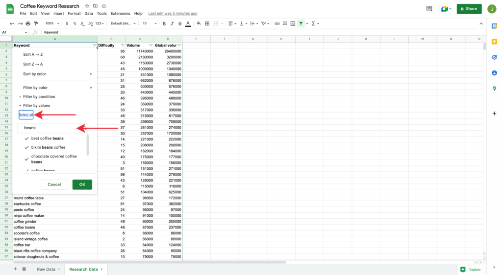 Adding Word to Filter Keywords in Google Spreadsheet